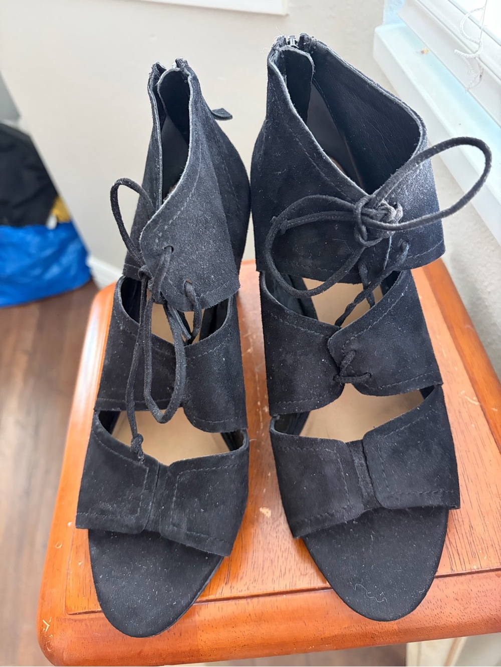 Franco Sarto Black Suede Lace-Up Open-Toe Heels